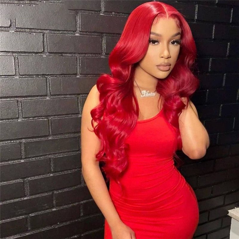 28inch Dark Green Body Wave Lace Front Wig Peruvian Remy Hair Red Transparent Highlight Colored Human Hair Wigs Bleached Knots - Image 3