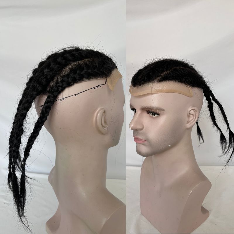 Toupee For Men Four Braids Aka Double Braids Mens Hairpiece100% Human Hair Mono Base with PU Hair Replacement for Men Base Size 8x10 inch Mens Toupee 12 Inch Long Hair - Image 3