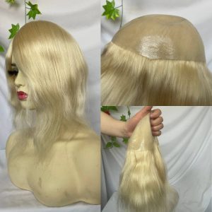 Human Hair Wigs Blonde Color Full Skin Pu Base 12 Inch For Women 8x10 613 Blonde Color Thin Skin Base Hair For Men 12 Inch