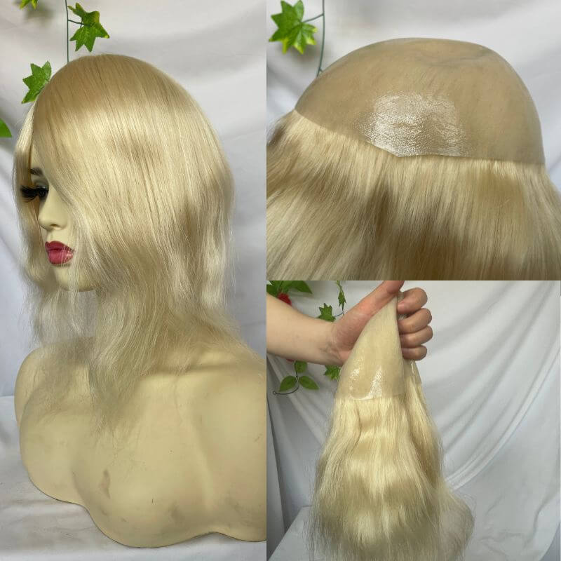 Human Hair Wigs Blonde Color Full Skin Pu Base 12 Inch For Women 8x10 613 Blonde Color Thin Skin Base Hair For Men 12 Inch