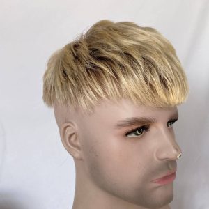 100% Human Hair Men's Toupee Ombre T613 Blonde and Black 3 Inch After Cut New Hairstyles Men's Toupee Super Thin Mono Lace with PU Around Toupee