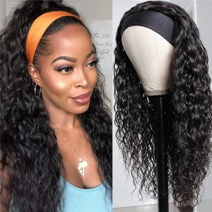 Headband Wig Human Hair Water Wave Headband Wigs Brazilian Virgin Hair Wet and Wavy Headband Wig Curly Human Hair Wigs for Black Women None Lace Front