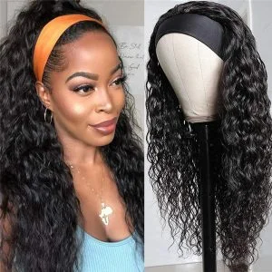Headband Wig Human Hair Water Wave Headband Wigs Brazilian Virgin Hair Wet and Wavy Headband Wig Curly Human Hair Wigs for Black Women None Lace Front