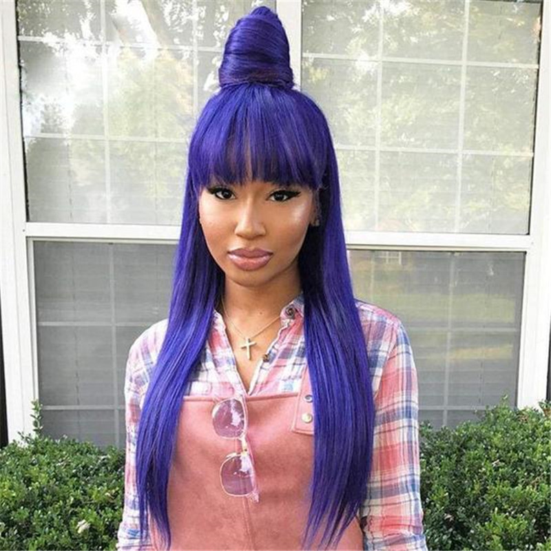 Virgin Peruvian Hair Purple Color Lace Front Wig With Bang - Image 2