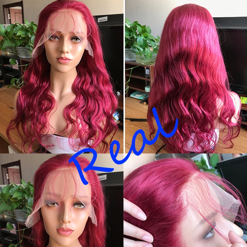 Red Color Malaysian Remy Hair Body Wave Lace Front Wig Bleached Knots 13X6 Cap Construction Human Hair Wigs 130% Density BURG Hair Color - Image 7