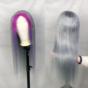 Skunk Stripe Lace Wigs Straight Glueless Straight Lace Front Wig Purple Highlight Wig Preplucked Half Red Remy Brazilian Human Hair Wigs For Women
