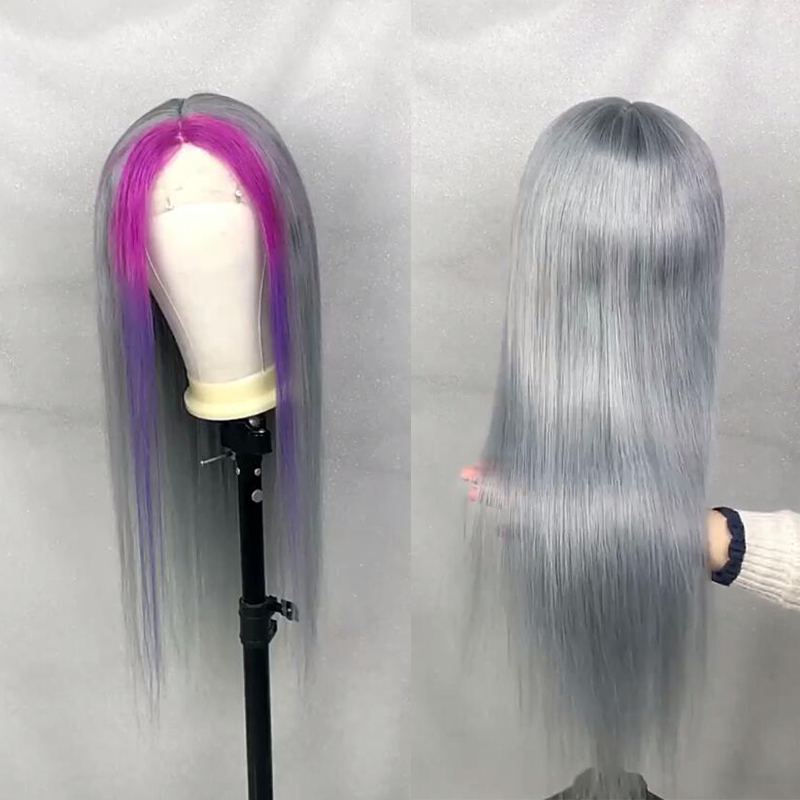 Skunk Stripe Lace Wigs Straight Glueless Straight Lace Front Wig Purple Highlight Wig Preplucked Half Red Remy Brazilian Human Hair Wigs For Women