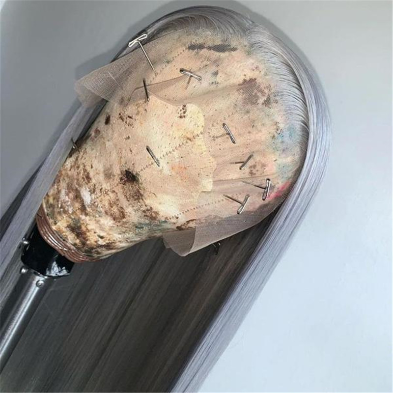 Virgin Human Hair Silver Grey Lace Front Wig Straight Style