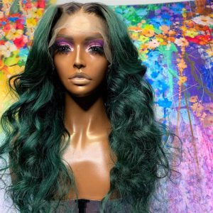 Alternative view of 1B Green Colored Human Hair Wigs Brazilian Remy Hair Ombre Lace Front Wig Body Wave Part Lace Wigs For Women Bleached Knots 150%