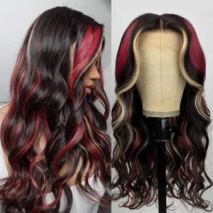 Ombre Red and Blond Highlight Wigs HD Lace Front Brazilian Human Hair Wig 13x4 Lace Wigs Pre Plucked Wavy Glueless Wig 150% Density - Image 3