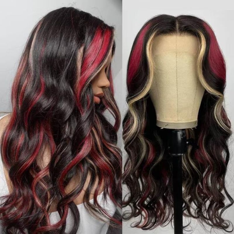 Ombre Red and Blond Highlight Wigs HD Lace Front Brazilian Human Hair Wig 13x4 Lace Wigs Pre Plucked Wavy Glueless Wig 150% Density - Image 3