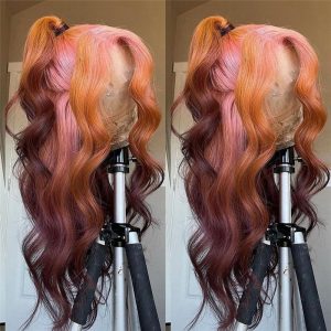Body Wave Brown Pink Ombre Lace Front Wig Pre Plucked Brazilian Remy Brown Human Hair Wig Highlight Colored Wigs Transparent Wig - Image 2
