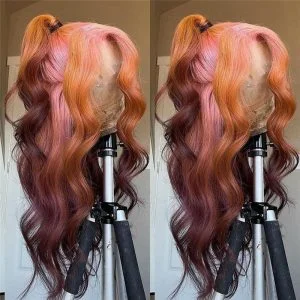 Body Wave Brown Pink Ombre Lace Front Wig Pre Plucked Brazilian Remy Brown Human Hair Wig Highlight Colored Wigs Transparent Wig - Image 2