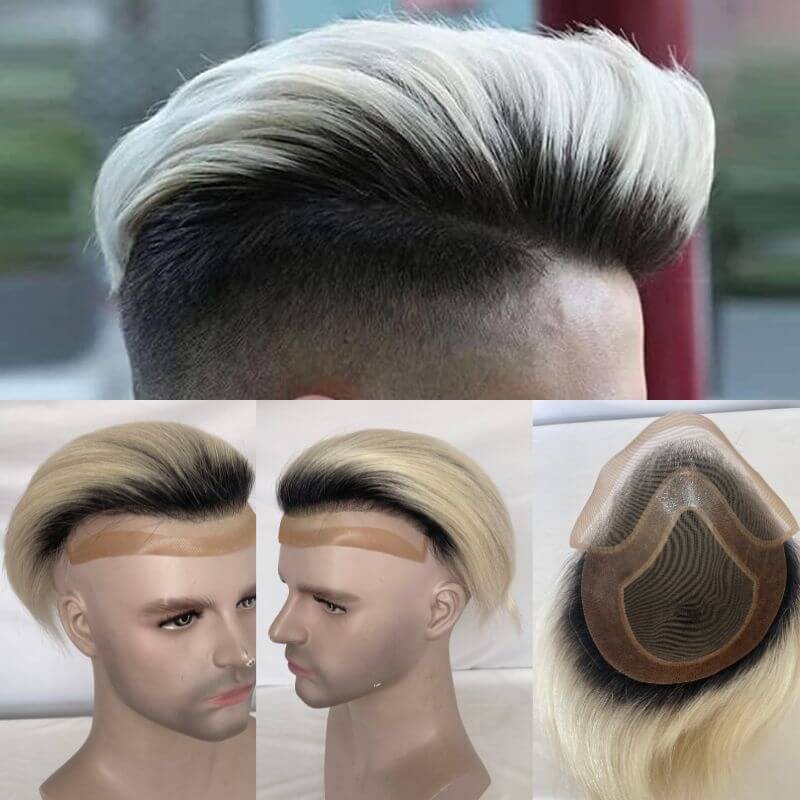 Pwigs Toupee For Men 1BT60 European Human Hair Mono Net PU Around Replacement System Mens Hairpieces