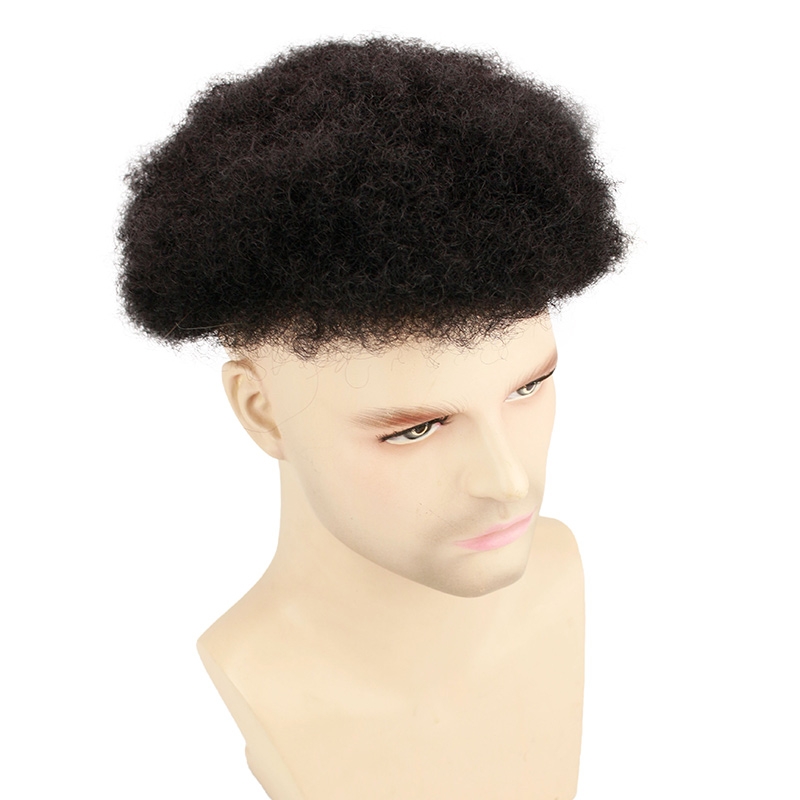 Afro Curl Human Hair Toupee For Mens Color Black Men's Toupee with Transparent Thin skin PU - Image 3