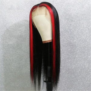 Skunk Stripe Peruvian Hair Lace Front Black Color Red Streak Highlight Wigs Human Hair Lace Front Wigs - Image 10