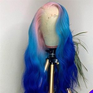 Body Wave Pink Lace Front Human Hair Wigs Brazilian Remy Highlight Colored Lace Front Wigs Ombre Blue Human Hair Lace Wig 150% - Image 4