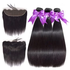 Natural Black Human Hair Brazilian Straight Hair Bundles With lace Frontal 13x4 Closure Bleached Knots Pre Plucked Natural Baby Hair Around