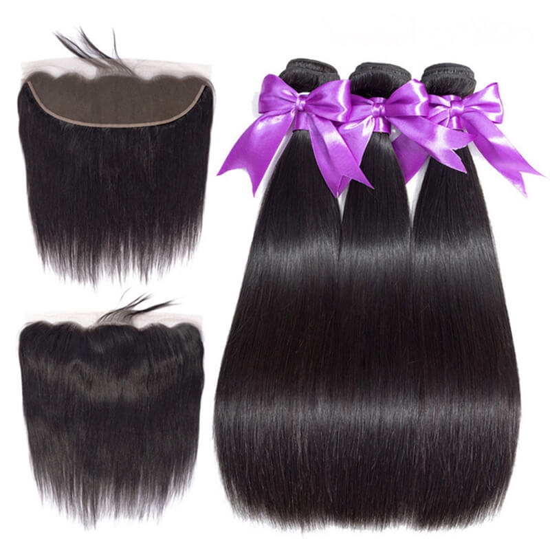 Natural Black Human Hair Brazilian Straight Hair Bundles With lace Frontal 13x4 Closure Bleached Knots Pre Plucked Natural Baby Hair Around
