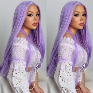 150% Density Straight Purple Lace Front Wig Peruvian Remy Hair Purple Colored Human Hair Wigs For Women Pre Plucked Transparent