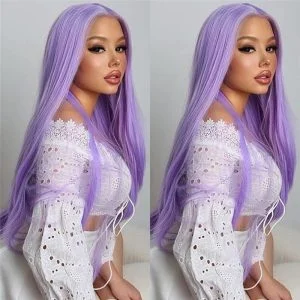 150% Density Straight Purple Lace Front Wig Peruvian Remy Hair Purple Colored Human Hair Wigs For Women Pre Plucked Transparent