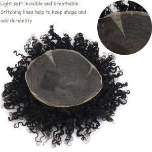 Pwigs Toupee for Men Human Hair Replacement System Hairpieces Soft Thin Super Full Swiss Lace Toupee 10”x8” Base Small Curly Natural Black Color - Image 6