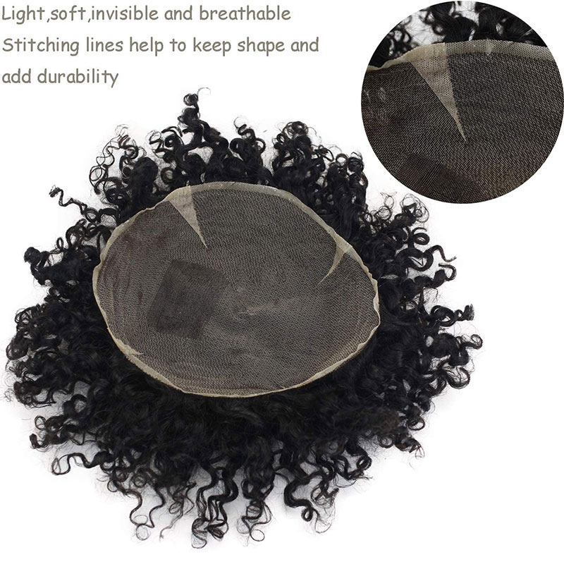 Pwigs Toupee for Men Human Hair Replacement System Hairpieces Soft Thin Super Full Swiss Lace Toupee 10”x8” Base Small Curly Natural Black Color - Image 6