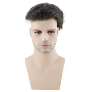 Alternative view of Men's Hairpiece Human Hair Toupee Wig Super Thin Skin Hair Replacement Base Size 8x10 #4 Dark Brown Lace Frontal With PU Toupee