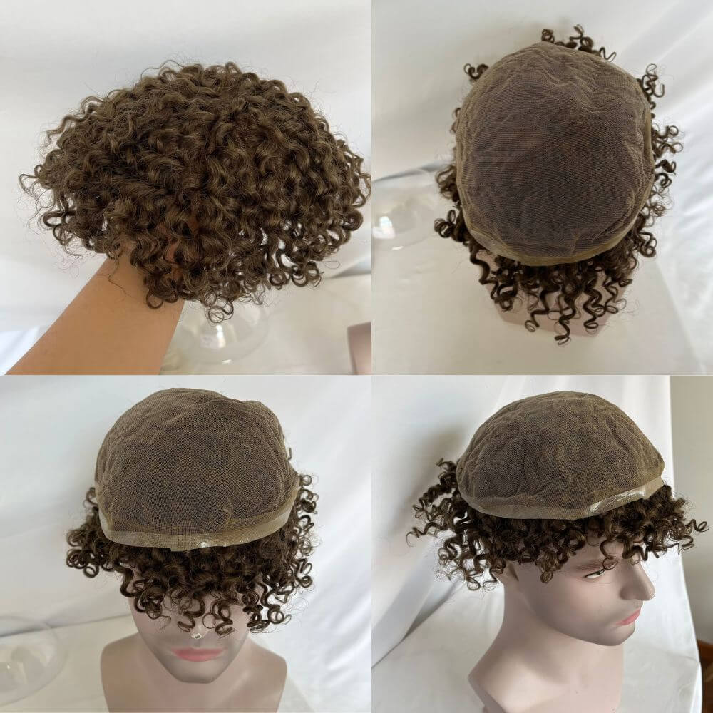 Toupee For Men Brown Color Curly Full Swiss Lace Base Remy European Human Hair System 8x10 Hair Prothesis - Image 4