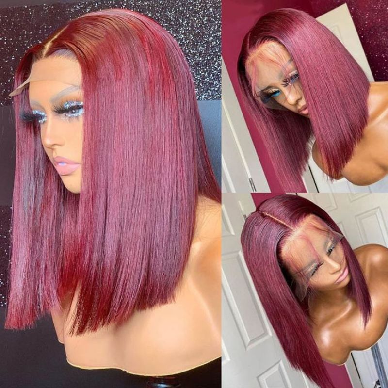 Peruvian Hair Human Hair Colored Lace Front Bob Wig Short Bob 13x4 Lace Front Wig Burgundy Red Color