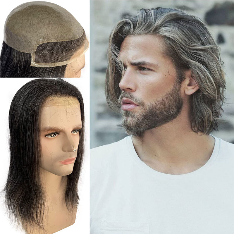 12" Long Hair Men's Toupee Hair Replacement Systems Swiss Lace Front Natural Hairline Hairpieces Thin Skin PU V-looped 10"x8" Base Size - Image 4