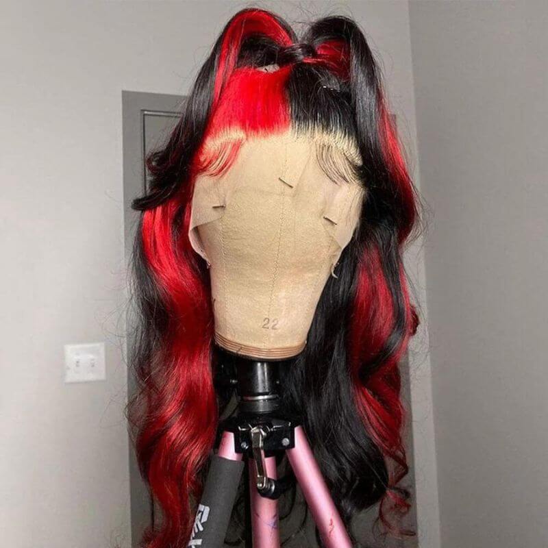 Ombre Wigs Human Hair Red Ombre With Dark Root Lace Frontal Wig Half Wigs Highlight Body Wave Human Hair Brazilain Wigs Pre Plucked Glueless Wig 150% Density Medium Cap - Image 2
