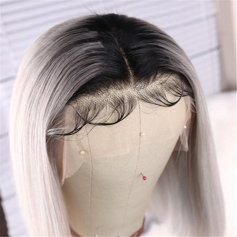 Human Hair Silver Grey With Dark Root Lace Front Bob Wig - Image 2
