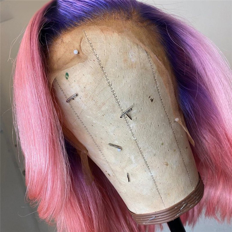 Purple Pink Lace Font Wig Human Hair Brazilian Short Bob Human Hair Wigs Straight Ombre Colored Transparent Lace Wigs 150% - Image 2