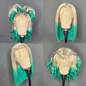 Peruvian Hair Green Ombre Blonde Colored Remy Human Hair Lace Front Bob Wig For Women Straight