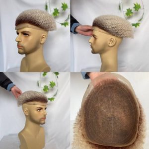 Men Toupee Human Hair Afro Curly Ombre #60 White Color Toupee for Men 8x10 inch Afro Curl Toupee for Black Men Full French Lace Hair System 360 Weave Men Toupee Hair System - Image 10