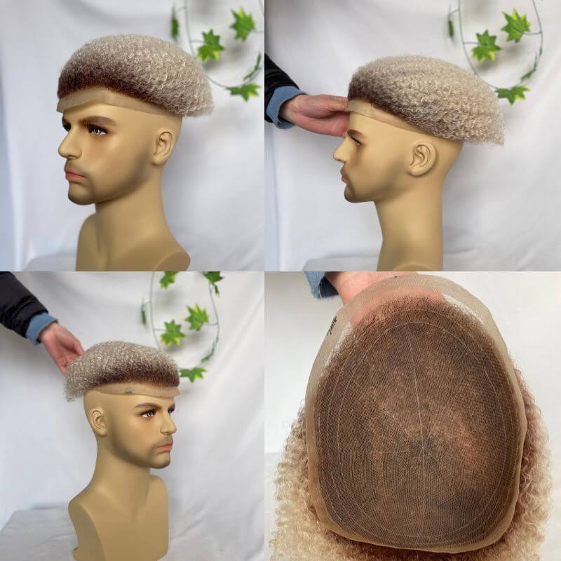 Men Toupee Human Hair Afro Curly Ombre #60 White Color Toupee for Men 8x10 inch Afro Curl Toupee for Black Men Full French Lace Hair System 360 Weave Men Toupee Hair System - Image 10