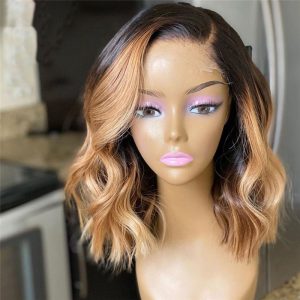 Bob Wavy #27 Honey Blonde Highlight Human Hair Wig Brazilian Remy Hair Short Bob Closure Wig Colored Wigs For Women Pre Plucked