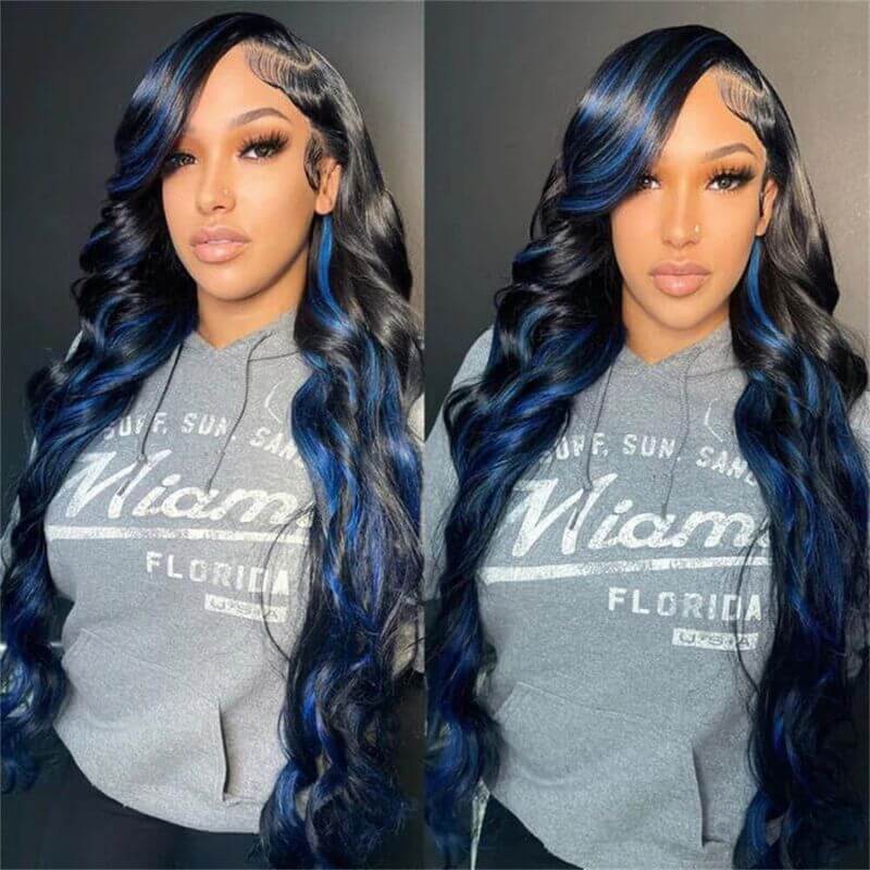 Blue Ombre Hightlight HD Transparent Lace Brazilian Human Hair Black And Blue Ombre Long Lace Front Wigs Wavy Black Wigs