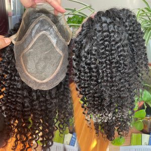 Human Hair Replacement for Men Kinky Straight Stock Toupee Mono Lace and PU Around with Swiss Lace Front 10x8 Base size12inches - Image 3
