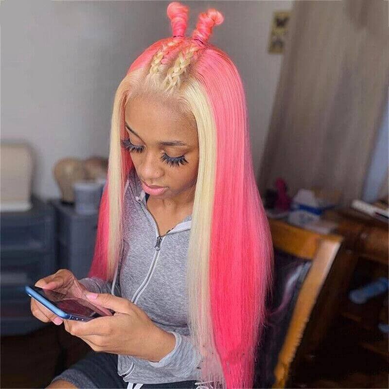 Ombre Light Pink and Blonde Wigs HD Lace Front Brazilian Human Hair Wig Highlight Wigs Skunk Stripe Wigs Pre Plucked Straight Glueless Wig 150% Density Medium Cap