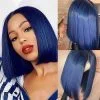 150% Density  Blue Short Bob Human Hair Wigs Transparent Lace Front Wig Brazilian Remy Hair Blue Bob Lace Front Wig Pre Plucked