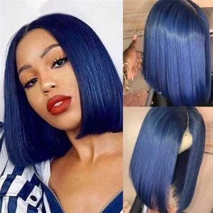 150% Density Blue Short Bob Human Hair Wigs Transparent Lace Front Wig Brazilian Remy Hair Blue Bob Lace Front Wig Pre Plucked