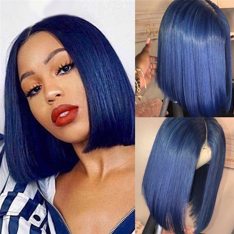 150% Density Blue Short Bob Human Hair Wigs Transparent Lace Front Wig Brazilian Remy Hair Blue Bob Lace Front Wig Pre Plucked