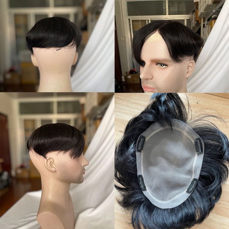 Pwigs Toupee for Men 100%Human Hair Toupee Swiss Lace Toupee For Men With NPU Around Clip In Hair System Toupee 1B Color Hair Piece European Human Hair Men Toupee Natural Hairline Hair System Hair Men Wigs - Image 6