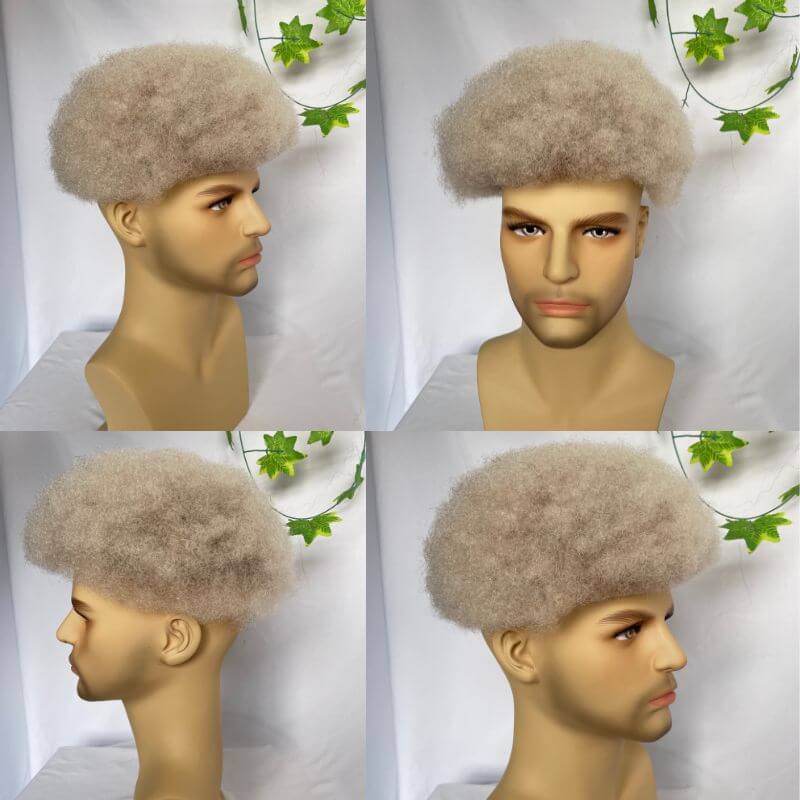 Men Toupee Human Hair Afro Curly Ombre #60 White Color Toupee for Men 8x10 inch Afro Curl Toupee for Black Men Full French Lace Hair System 360 Weave Men Toupee Hair System - Image 19