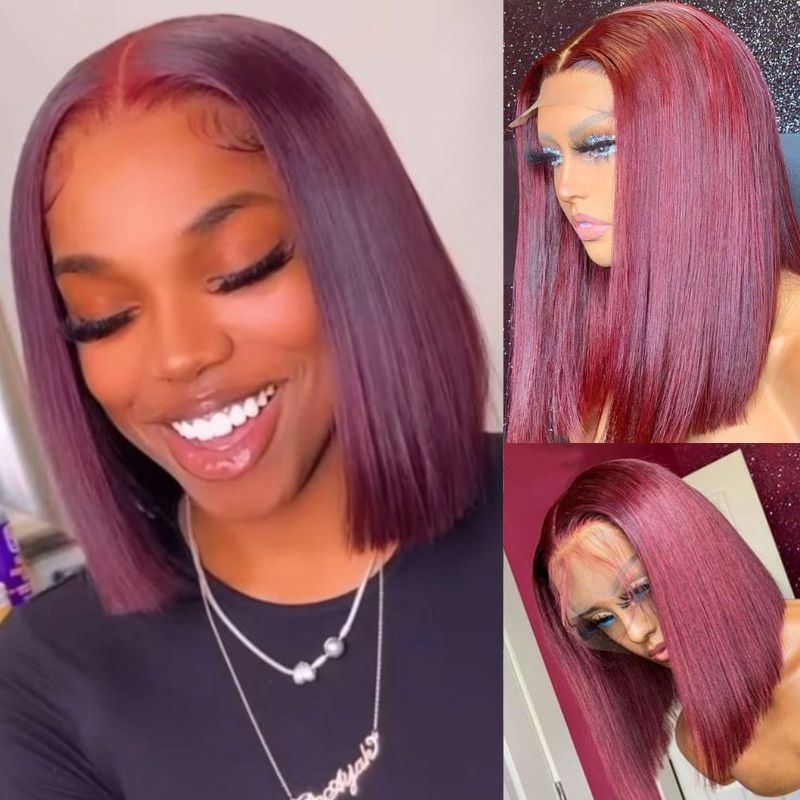 Peruvian Hair Human Hair Colored Lace Front Bob Wig Short Bob 13x4 Lace Front Wig Burgundy Red Color - Image 2