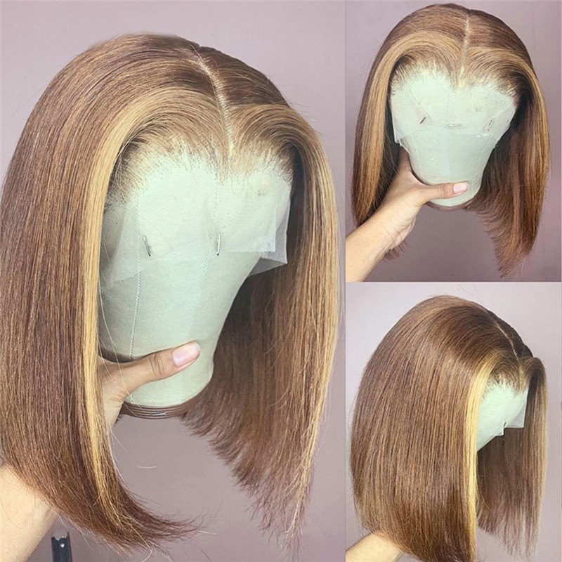 Straight Bob Wig Highlight Wig Human Hair Brazilian Lace Front Human Hair Wigs for Women Honey Blonde Colored Human Hair Wigs
