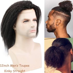 Alternative view of Human Hair Replacement for Men Kinky Straight Stock Toupee Mono Lace and PU Around with Swiss Lace Front 10x8 Base size12inches