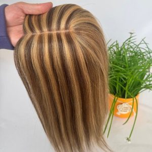 Ombre Medium Brown Mixed Dark Blonde 7x13cm Silk Base Human Hair Topper With Clips In Silk Top 100% European Human Hair Toupee for Women Hairpiece - Image 4